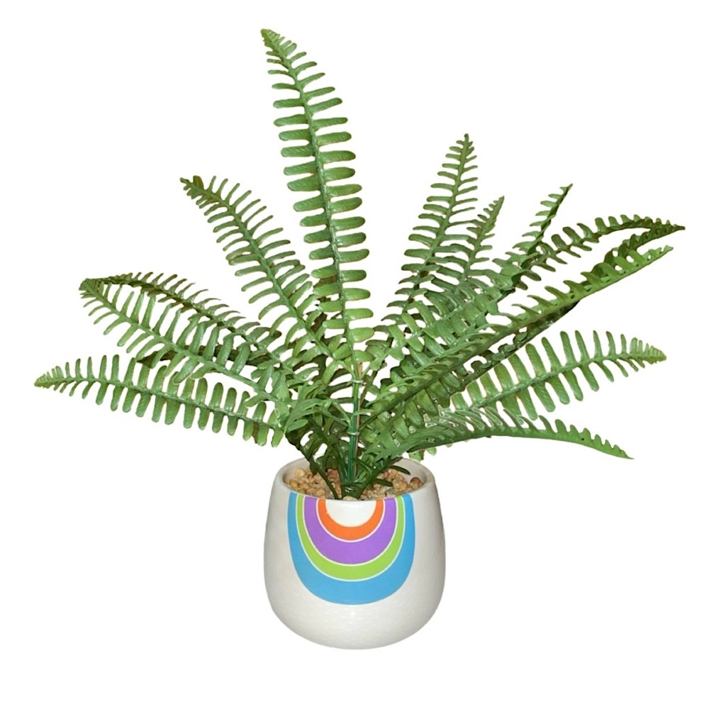 Artificial Potted Fern Plant In Artsy Rainbow Design Flower Pot
